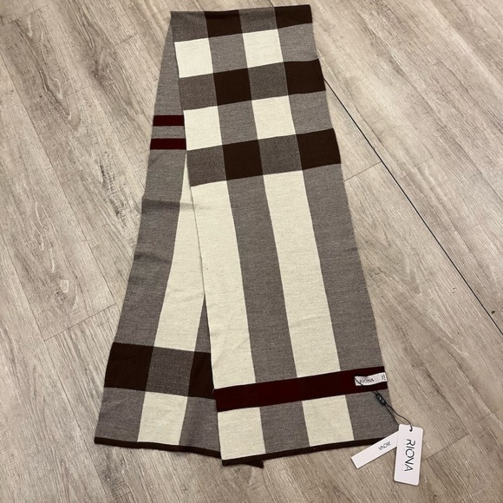 NWT Riona Color Block Plaid Merino Wool Blend Scarf in Brown, Burgundy and Cream